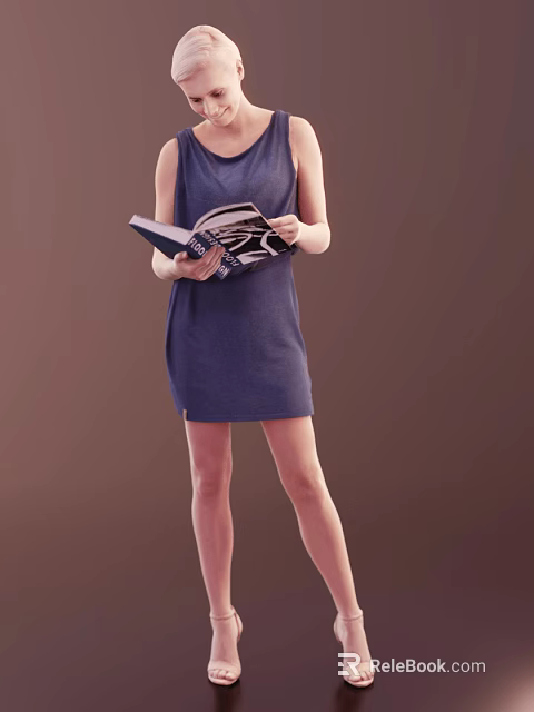 Young Child in Blue Dress Reading Open Book Against Brown Background 3d model 