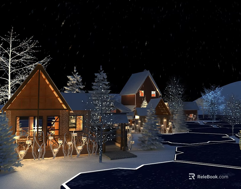 Snowy Winter Night Landscape With Illuminated Wooden Cabins And Snow Covered Trees 3d model 