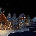 Snowy Winter Night Landscape With Illuminated Wooden Cabins And Snow Covered Trees