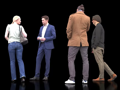 Group of Four People Standing Together in Different Outfits Against Black Background 3d model