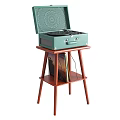 Vintage Audio Speaker System with Teal Case on Wooden Stand and Vinyl Records