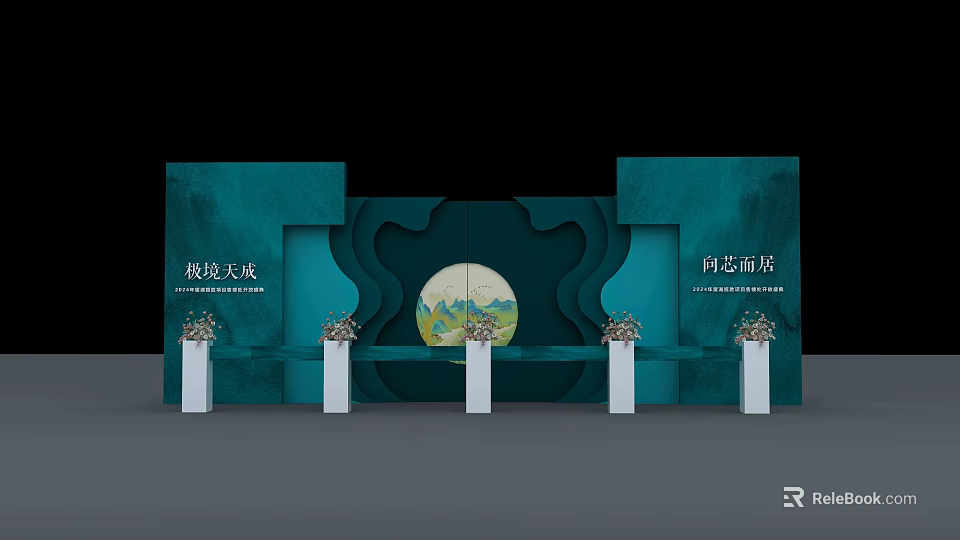 Dark Teal Backdrop With Wave Design Central Circular Mountain Pattern White Pillars And Flower Decorations 3d model