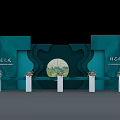 Dark Teal Backdrop With Wave Design Central Circular Mountain Pattern White Pillars And Flower Decorations 3d model