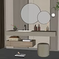 Modern Bathroom Vanity With Round Mirrors Under Counter Storage Green Plants And Stool