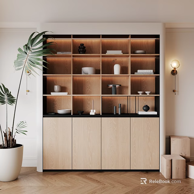 Modern Wooden Bookcase With Open Shelves Cabinets And Decorative Items Plant Lighting 3d model 