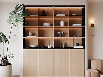 Modern Wooden Bookcase With Open Shelves Cabinets And Decorative Items Plant Lighting 3d model