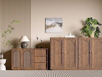 Wooden Dresser Interior Design With Decorative Plants Table Lamp And Wall Art 3d model