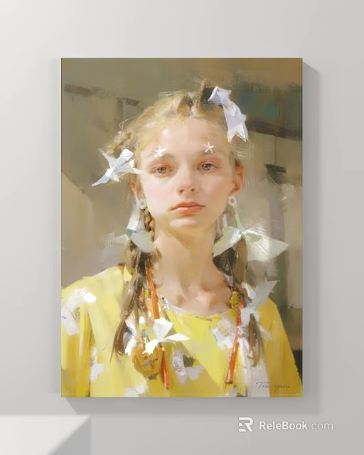 Portrait Painting of Blonde Girl with Braided Hair White Paper Cranes Star Stickers and Yellow Clothing 3d model 
