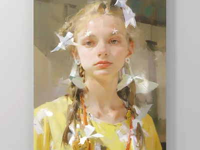 Portrait Painting of Blonde Girl with Braided Hair White Paper Cranes Star Stickers and Yellow Clothing 3d model