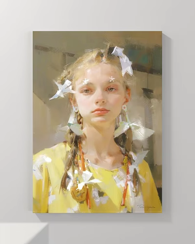 Portrait Painting of Blonde Girl with Braided Hair White Paper Cranes Star Stickers and Yellow Clothing 3d model