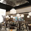 Traditional Chinese Restaurant Interior With Hanging Lanterns Calligraphy Wall And Dining Tables