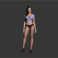 Woman in purple top and dark underwear standing against grey background with black shoes