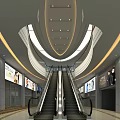 Spacious Modern Elevator Hallway With Escalators Ceiling Lights And Advertising Screens