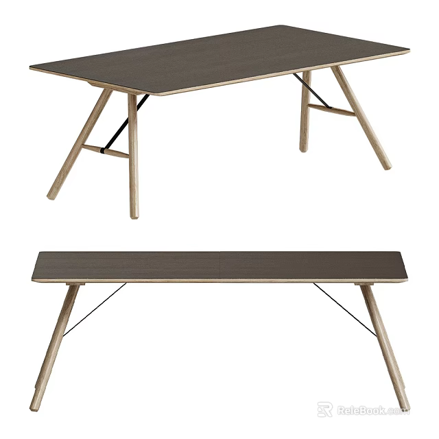 Modern Minimalist Dining Table With Dark Wooden Top And Cross Design Wooden Legs 3d model 