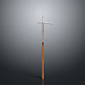 Medieval Style Weapon With Long Wooden Handle Metal Head Sickle And Spearhead Design