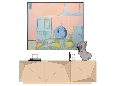 Geometric TV Stand With Decorative Items And Colorful Abstract Painting In Modern Living Room 3d model