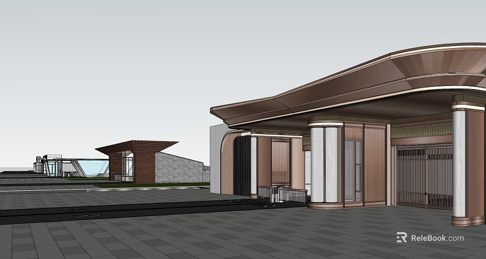 Modern Building Exterior With Curved Roof Glass Curtain Walls Wooden Columns And Stone Cladding Design 3d model 