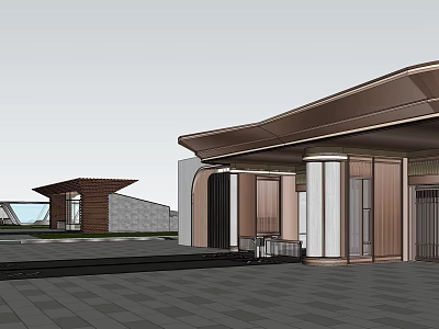 Modern Building Exterior With Curved Roof Glass Curtain Walls Wooden Columns And Stone Cladding Design 3d model