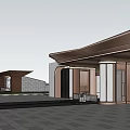 Modern Building Exterior With Curved Roof Glass Curtain Walls Wooden Columns And Stone Cladding Design