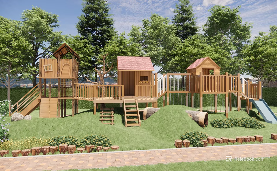 Wooden Children's Play Garden Landscape with Playhouses Slides Stairs Green Grass Trees and Brick Path 3d model 