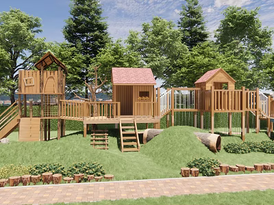 Wooden Children's Play Garden Landscape with Playhouses Slides Stairs Green Grass Trees and Brick Path 3d model