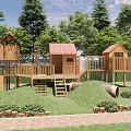 Wooden Children's Play Garden Landscape with Playhouses Slides Stairs Green Grass Trees and Brick Path
