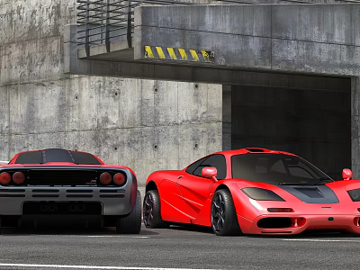 Two Red And Black Sports Cars Parked Near Concrete Tunnel Entrance 3d model