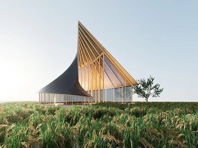 Triangular Roof Modern Sales Office Building With Wooden Structure Large Windows And Green Grassland 3d model