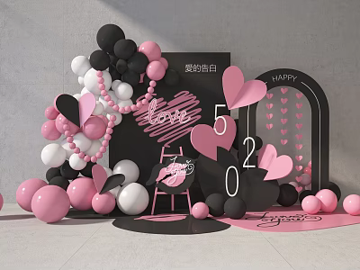 Love Confession Decoration Scene With Pink Black White Balloons Heart Shapes And 520 Numbers 3d model