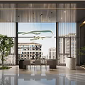 Modern Tea Room With Marble Table Greenery Chandelier And City View