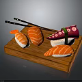 Fresh Assorted Sushi Pieces on Wooden Tray with Black Chopsticks and Colorful Toppings