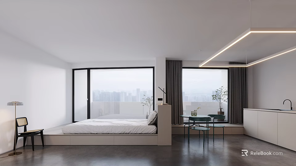 Hotel Guest Room Featuring Modern Minimalist Design Large Bed City Skyline View And Pendant Lights 3d model 