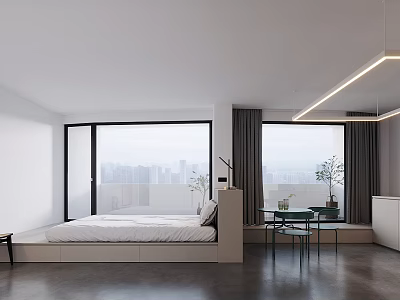 Hotel Guest Room Featuring Modern Minimalist Design Large Bed City Skyline View And Pendant Lights 3d model