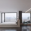 Hotel Guest Room Featuring Modern Minimalist Design Large Bed City Skyline View And Pendant Lights