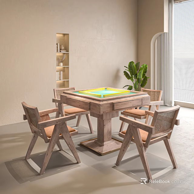 Modern Mahjong Entertainment Table With Four Wooden Chairs Woven Backrest Orange Cushions And Green Plant 3d model 