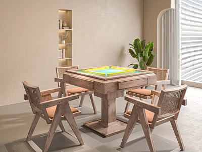 Modern Mahjong Entertainment Table With Four Wooden Chairs Woven Backrest Orange Cushions And Green Plant 3d model