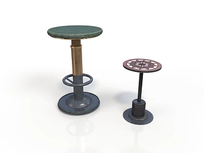 Two Stylish Stools Featuring Green And Red Patterned Seats With Metal Bases 3d model