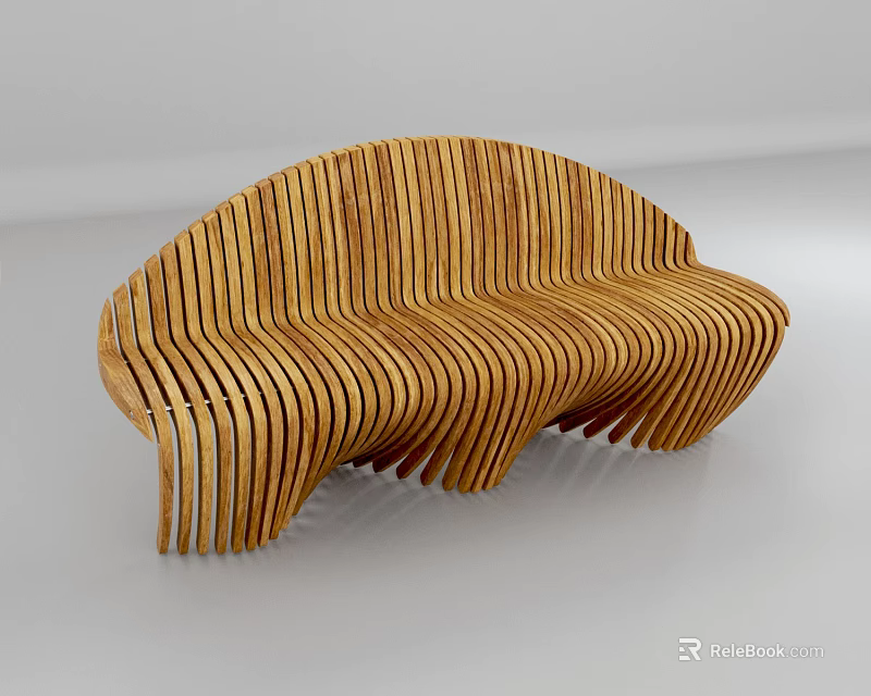 Unique Modern Wooden Outdoor Bench with Curved Slat Design and Artistic Structure 3d model 