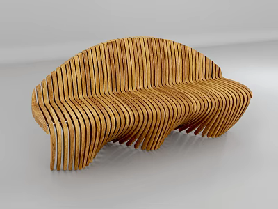 Unique Modern Wooden Outdoor Bench with Curved Slat Design and Artistic Structure 3d model