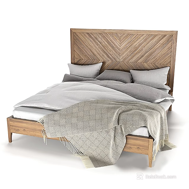 Double Bed Featuring Wooden Chevron Headboard Neutral Tones Bedding Pillows and Soft Knitted Blanket 3d model 