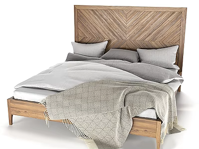 Double Bed Featuring Wooden Chevron Headboard Neutral Tones Bedding Pillows and Soft Knitted Blanket 3d model