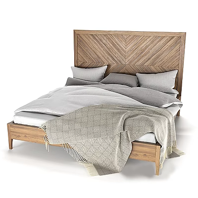 Double Bed Featuring Wooden Chevron Headboard Neutral Tones Bedding Pillows and Soft Knitted Blanket 3d model