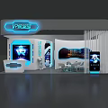 Tech Exhibition Hall Featuring White Counters Blue Lighting Hexagon Shelves And Robot Models 3d model