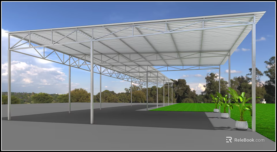 Outdoor Canopy With Metal Frame Polycarbonate Roof Green Lawn Trees Blue Sky 3d model 