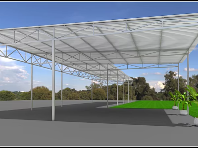 Outdoor Canopy With Metal Frame Polycarbonate Roof Green Lawn Trees Blue Sky 3d model