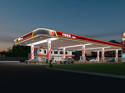 CNOOC Gas Station Night Scene With Illuminated Canopy And Refueling Vehicles 3d model