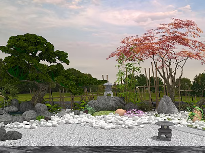Courtyard Garden Design Featuring Green Pine Red Maple Trees White Pebbles Stone Lantern and Rock Arrangements 3d model