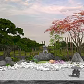 Courtyard Garden Design Featuring Green Pine Red Maple Trees White Pebbles Stone Lantern and Rock Arrangements