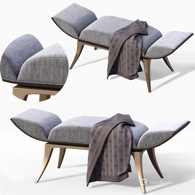 Modern Gray Fabric Sofa Bench With Wooden Legs And Cozy Blanket 3d model 