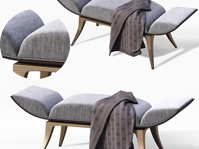 Modern Gray Fabric Sofa Bench With Wooden Legs And Cozy Blanket 3d model
